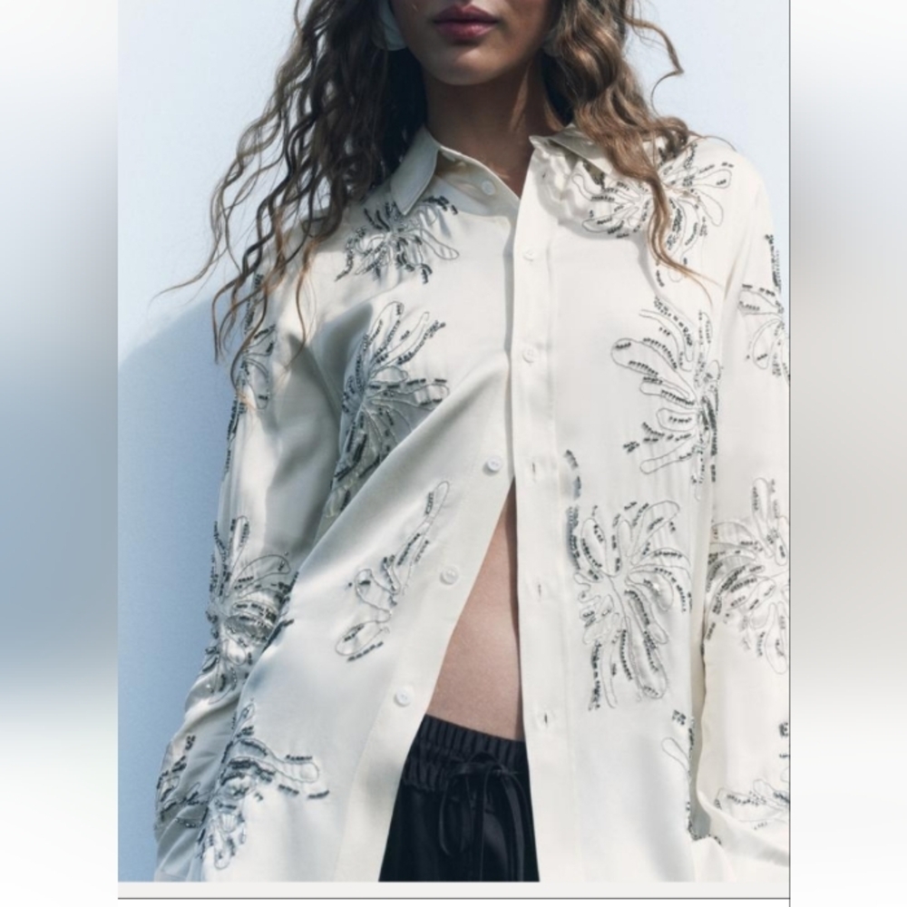 Zara ZW Collection Embroidered Satin Shirt Sz-M